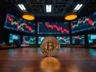 Bitcoin coin on a table in a dim trading floor with monitors showing financial charts