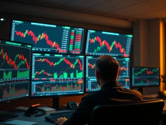 Trading desk monitors showing Bitcoin futures charts and market data with cautious sentiment