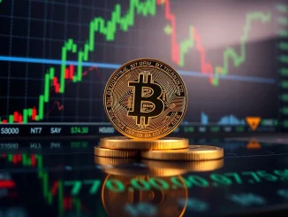 Bitcoin coin on a digital display showing BTC price near $79,000 with green market charts in the background.