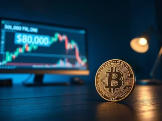 Bitcoin coin on desk with candlestick chart showing $80K price level in background