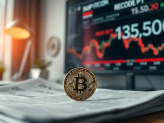 Bitcoin coin on a desk with S&P 500 ticker showing record high in background