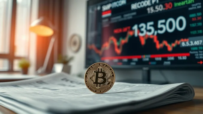 Bitcoin coin on a desk with S&P 500 ticker showing record high in background