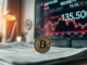 Bitcoin coin on a desk with S&P 500 ticker showing record high in background