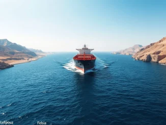 Oil tanker transiting the strategic Strait of Hormuz, a potential site for Bitcoin toll payments.