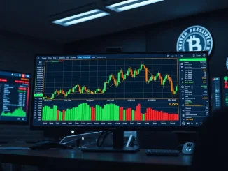 Professional trading desk with Bitcoin chart approaching $82K resistance amid macroeconomic data