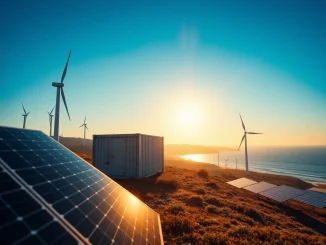 Bitcoin mining Colombia facility with solar panels and wind turbines on the Caribbean coast, symbolizing renewable energy transformation.