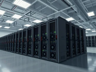 Industrial Bitcoin mining facility with rows of active ASIC miners, representing the current state of the mining industry.