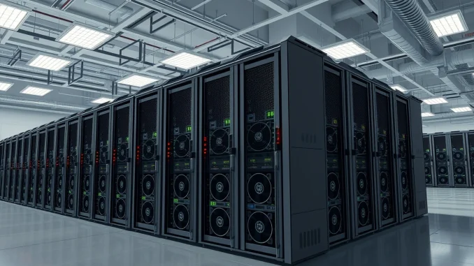 Industrial Bitcoin mining facility with rows of active ASIC miners, representing the current state of the mining industry.