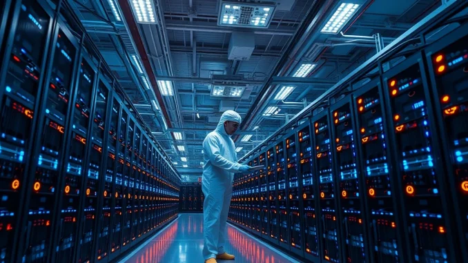 Interior of a large Bitcoin mining facility with ASIC miners and a technician inspecting equipment