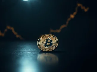 Bitcoin coin on reflective surface with golden crossover chart lines in background
