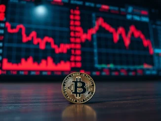 Bitcoin coin on dark surface with red stock market charts in background