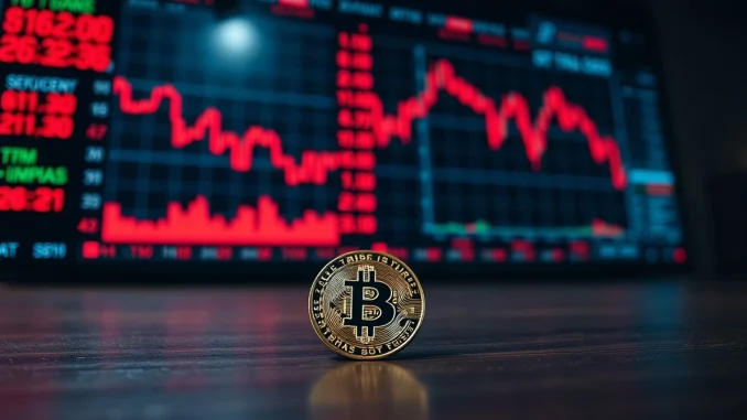 Bitcoin coin on dark surface with red stock market charts in background