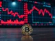 Bitcoin coin on dark surface with red stock market charts in background