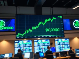 Bitcoin price chart showing bullish breakout above $79,500 on a trading floor display