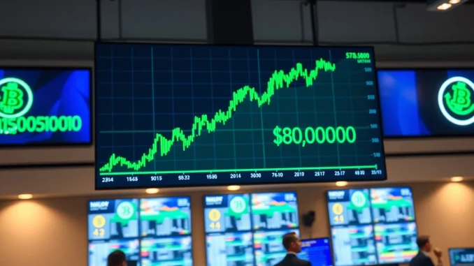 Bitcoin price chart showing bullish breakout above $79,500 on a trading floor display