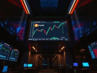 Bitcoin price chart near $80,000 on a trading floor display with altcoin charts in the background