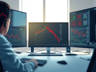 Bitcoin price prediction analysis showing market charts on a trading desk monitor