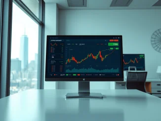 Financial trading desk monitoring cryptocurrency price charts and market data.