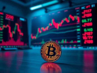 Bitcoin coin in front of trading charts showing price volatility
