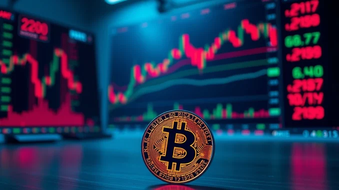 Bitcoin coin in front of trading charts showing price volatility