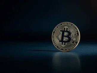 Bitcoin coin on dark reflective surface with dramatic lighting, representing market resistance analysis.