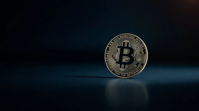 Bitcoin coin on dark reflective surface with dramatic lighting, representing market resistance analysis.