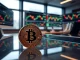 Bitcoin coin on a desk with financial charts in background, representing institutional demand and price rally.
