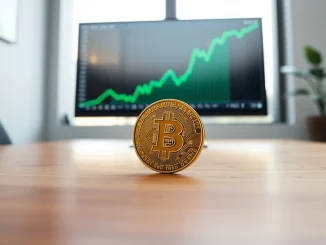 Bitcoin coin on table with monitor showing price chart in background