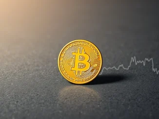 Bitcoin coin on dark surface with upward trend line, symbolizing price recovery to $100K