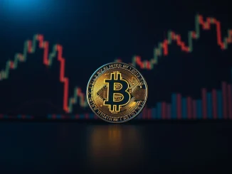 Bitcoin coin on a dark trading desk background with subtle chart lines