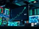 Bitcoin SV price chart on a digital display showing an upward trend in a professional trading environment