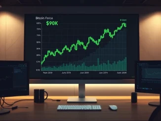 Bitcoin price chart showing upward trend toward $90K on a trading desk monitor