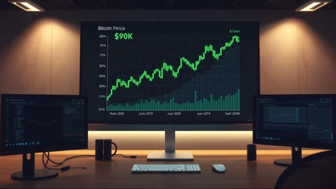 Bitcoin price chart showing upward trend toward $90K on a trading desk monitor
