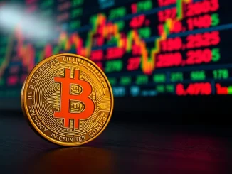 Bitcoin coin in foreground with blurred financial market data background