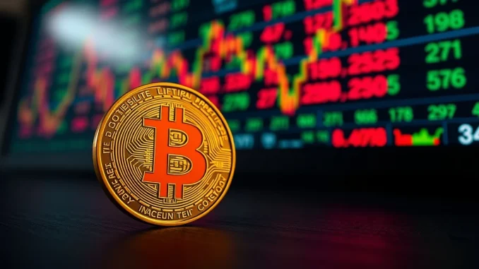 Bitcoin coin in foreground with blurred financial market data background