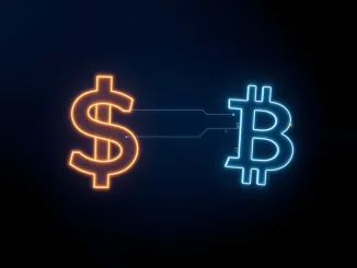 Bitcoin and US dollar symbol intertwined, representing their symbiotic financial relationship.