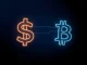 Bitcoin and US dollar symbol intertwined, representing their symbiotic financial relationship.