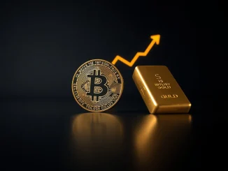 Bitcoin coin and gold bar on reflective surface with subtle graph lines