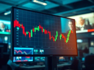 Bitcoin price chart showing volatility near $80,000 on a trading floor monitor.