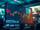 Bitcoin price chart showing volatility near $80,000 on a trading floor monitor.
