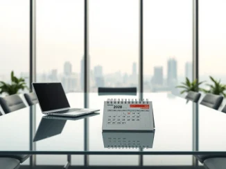 Bithumb IPO delay visualized with an empty boardroom chair and a 2028 calendar in a Seoul office.