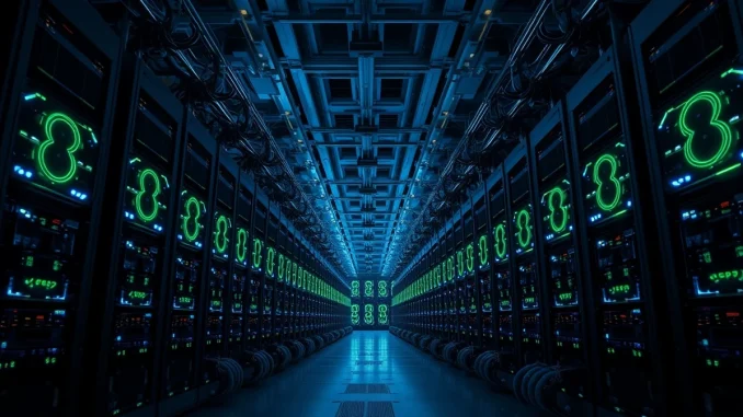 Interior of a large cryptocurrency mining facility with rows of mining rigs lit by blue and green LEDs.