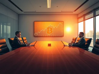 Corporate boardroom with Bitcoin price chart on digital screen and business professionals reviewing data