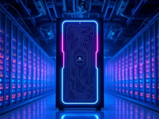 Futuristic server room with neural network hologram representing Bittensor's decentralized AI network