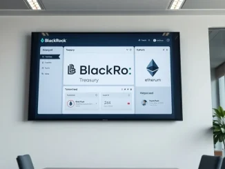 BlackRock digital display showing Treasury fund tokenization on Ethereum in a modern office setting