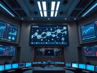 Digital trading floor with screens showing blockchain and tokenized asset data in a modern financial control room