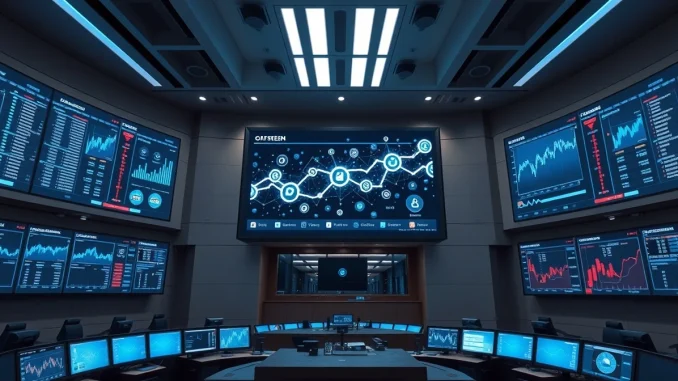 Digital trading floor with screens showing blockchain and tokenized asset data in a modern financial control room