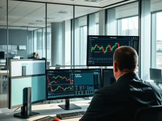 Professional trading desk monitors showing Bitcoin options and Ripple Prime platform interface