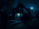 Nighttime scene of a figure approaching a suburban home with a brick, representing a home invasion for crypto theft.