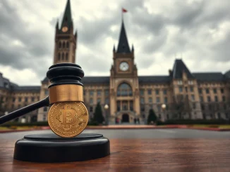Canada advances bill to ban crypto political donations with Parliament building and gavel in foreground